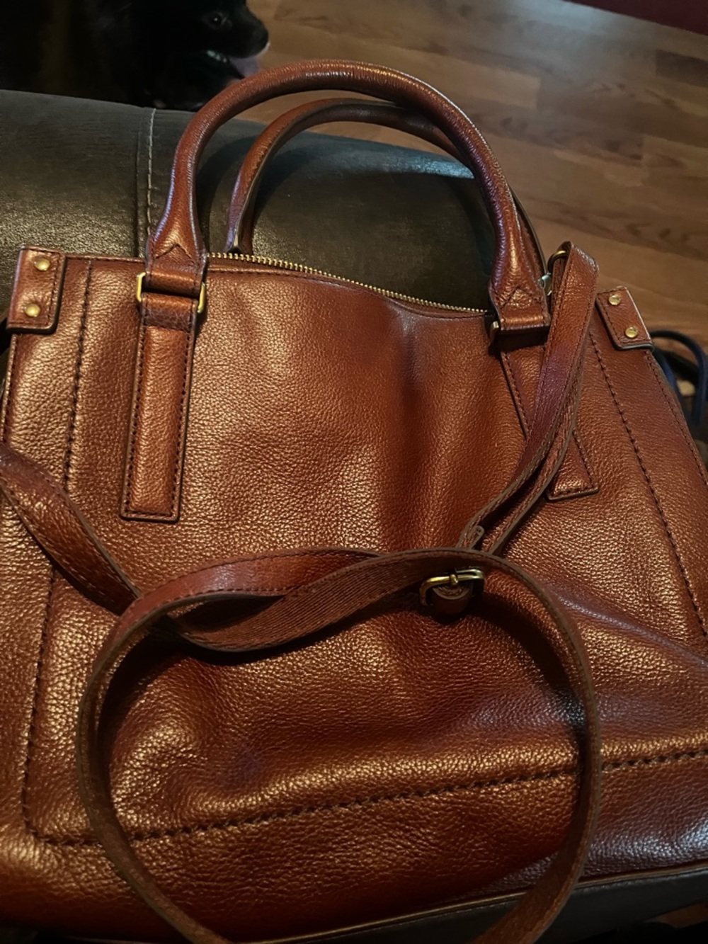 Fossil Textured Brown Leather Satchel Handbag